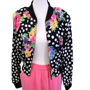 VTG Cotton Tree Jacket Womens Medium Black Floral Polka Dot Bolero Jacket